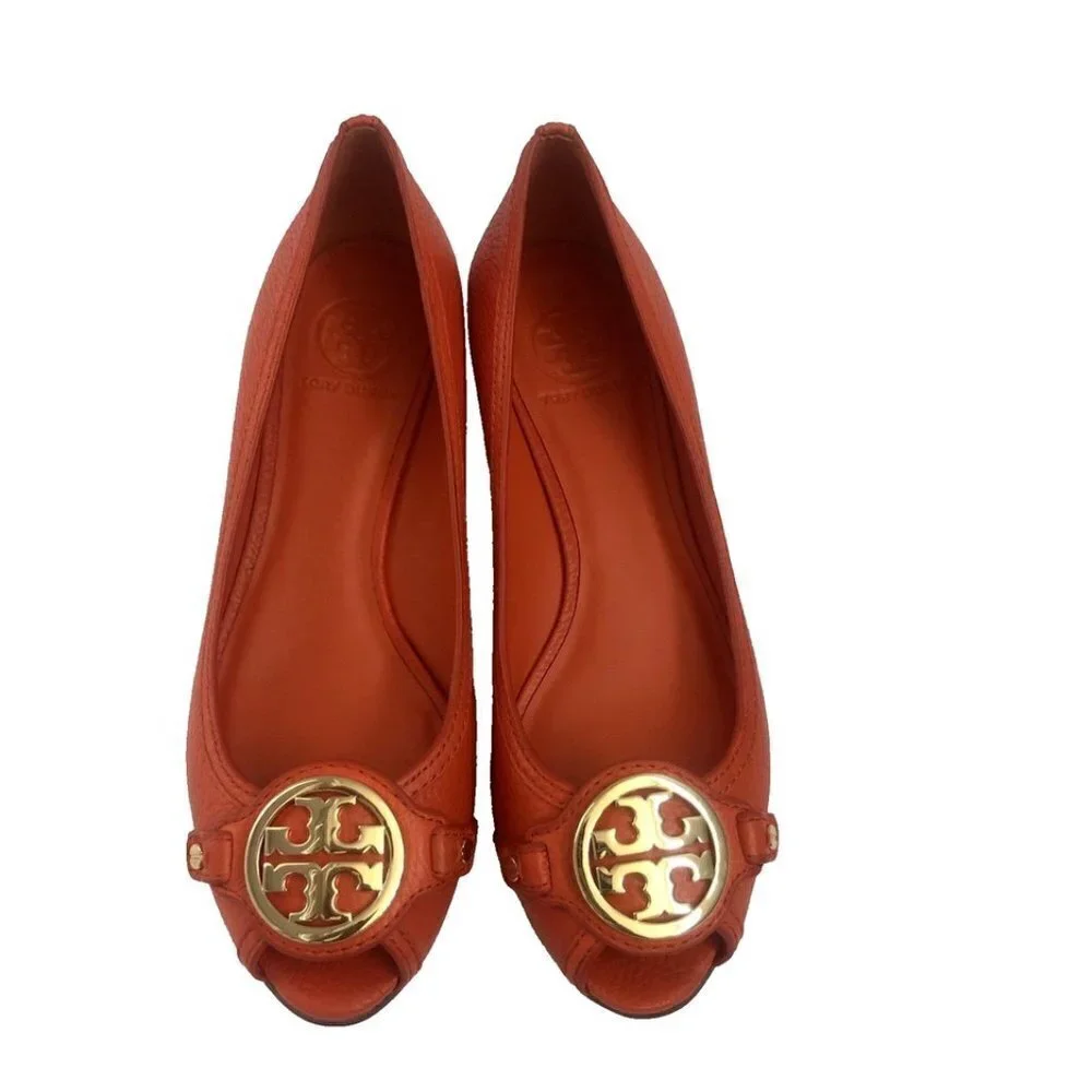 Tory Burch Shoes Leather Size 9 Leticia Open Toe Wedge poppy red orange